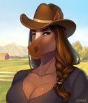 anthro big_breasts black_clothing black_shirt black_topwear blue_eyes braided_hair breasts brown_body brown_hair brown_skin cleavage clothed clothing cowboy_hat detailed_background female front_view grass hair hat headgear headwear looking_at_viewer one_eye_closed plant shirt sky solo topwear tree wink apple-faced equid equine horse mammal 2021 bust_portrait digital_media_(artwork) hi_res portrait signature