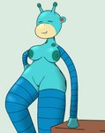 anthro big_breasts blue_body breasts eyes_closed female horn long_arms long_legs markings nipples nude ossicone simple_background smile solo spots spotted_body thick_thighs toy obsuniq animate_inanimate giraffe giraffid living_toy mammal absurd_res digital_media_(artwork) hi_res