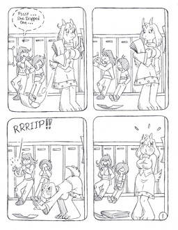 3_toes adolescent ambiguous_gender anthro barefoot big_breasts blush blush_lines breasts clothed clothed_anthro clothed_female clothed_male clothing dialogue embarrased_female embarrassed eyelashes feet female footwear fully_clothed fully_clothed_anthro fully_clothed_female fully_clothed_male group hallway horn locker long_eyelashes male mature_female motion_lines paws plantigrade prank school shoes speech_bubble text toes trio whispering young circe_(artist) deltarune undertale_(series) kris_dreemurr susie_(deltarune) toriel toriel_(deltarune) bovid caprine goat human lizard mammal reptile scalie black_and_white comic english_text hi_res monochrome traditional_media_(artwork)