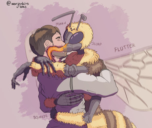 4_arms antennae_(anatomy) anthro arms_around_neck arms_around_partner arthropod_abdomen beekeeper brown_hair compound_eyes duo exoskeleton extreme_french_kiss eyes_closed female female_anthro food french_kissing fuzzy hair honey_(food) hug insect_wings internal kissing long_tongue male male/female male_human mandibles multi_arm multi_eye multi_limb neck_tuft ocellis onomatopoeia proboscis_(anatomy) simple_background sound_effects text tongue tuft wings warjenkins arthropod bee honey_bee human hymenopteran insect mammal hi_res