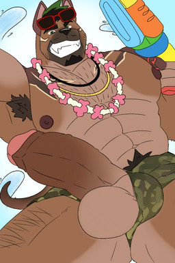 abs anthro areola armpit_hair balls barazoku beard biceps big_balls big_muscles big_penis biped black_hair body_hair brown_body brown_fur brown_genitals brown_nipples brown_penis bulge camo camo_print chest_hair clothed clothing clothing_aside day erection eyebrows eyewear eyewear_on_head facial_hair flower flower_necklace foreskin fur garland genitals glans goatee green_clothing green_eyes green_hair green_swimwear grin hair happy_trail headgear headwear holding_object huge_penis humanoid_genitalia humanoid_penis jewelry looking_at_viewer low-angle_view male male_anthro mostly_nude muscular muscular_anthro muscular_legs muscular_male necklace nipples pattern_clothing pecs penis penis_poking_out plant presenting presenting_penis pubes retracted_foreskin smile solo sunglasses sunglasses_on_head swimwear tail tan_body tan_fur tan_genitals tattoo teeth thick_eyebrows topless topless_anthro topless_male toy underwear underwear_aside underwear_only water wearing_sunglasses wufwufboii xxl_woofia saeng canid canine canis dobermann domestic_dog mammal pinscher
