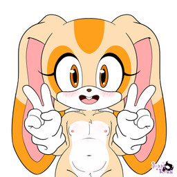 anthro blush clothing countershade_torso countershading dipstick_ears double_v_sign ear_markings female flat_chested floppy_ears fur gesture gloves hand_gesture handwear lop_ears mostly_nude multicolored_ears navel nipples nude open_mouth simple_background smile solo thick_thighs v_sign young young_anthro young_female jazzyrakk sega sonic_the_hedgehog_(series) cream_the_rabbit lagomorph leporid mammal 1:1 absurd_res digital_media_(artwork) hi_res