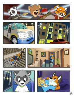 anthro bass_guitar bottomwear car cheek_tuft clothed clothing detailed_background dipstick_tail drum drum_set duo electric_guitar eyewear facial_tuft feet_together footwear fully_clothed gloves_(marking) guitar male markings musical_instrument percussion_instrument plucked_string_instrument string_instrument tail tail_markings tuft vehicle pandapaco art_(pandapaco) biro_(pandapaco) julio_(pandapaco) nemo_(pandapaco) parinton ailurid bear canid canine fox giant_panda mammal procyonid raccoon red_panda comic hi_res