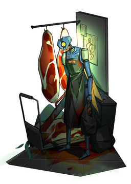 1_eye ambiguous_gender biped blood blue_body bodily_fluids butcher_apron chainsaw food machine meat not_furry power_tool simple_background solo standing tools yspng65797421 new_blood_interactive ultrakill v1_(ultrakill) humanoid robot absurd_res hi_res