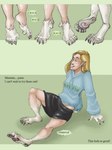 2008 3:4 4_toes angrboda claws comic digitigrade domestic_cat english_text eyes_closed feet felid feline felis female green_background hindpaw mammal pawpads paws simple_background soles solo text toes transformation