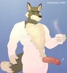 2022 animal_crossing anthro balls_outline biped blue_background blush brown_body brown_fur bulge canid canine canis clothed clothing detailed_bulge digital_media_(artwork) dobie_(animal_crossing) erection exclamation_point eyebrows foreskin fur genital_outline genitals glans hi_res holding_mug holding_object humanoid_genitalia humanoid_penis male mammal mug muscular muscular_anthro muscular_male nintendo old onesie partially_retracted_foreskin pecs penis rine simple_background solo steam tan_body tan_fur tight_foreskin vein veiny_penis wolf