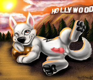 black_nose black_pawpads brown_eyes cloud duo erection feral fur genitals glistening glistening_eyes glistening_nose humanoid_genitalia humanoid_penis hybrid_genitalia hybrid_penis knot knotted_humanoid_penis knotted_penis lying male on_side orange_sky outside pawpads penis pink_inner_ear pink_penis plant presenting presenting_penis pronounced_browridge sky smile solo_focus spread_legs spreading sun tree white_body white_ears white_fur yaoifairy bolt_(film) disney bolt_(bolt) canid canine canis domestic_dog german_shepherd herding_dog mammal pastoral_dog 2011 dated signature