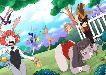 all_fours anthro ass_up basket beak bird_nest blush bow_tie breasts buckteeth bunny_costume butt clothed clothing container costume easter_basket easter_egg egg egg_hunt fake_ears fake_rabbit_ears feathers feet female feral fingers fishnet_clothing fishnet_legwear fishnet_pantyhose fur group hair hay_nest holding_basket holding_container holding_object holidays legwear leotard looking_at_butt nest open_mouth outside pantyhose plant running smile standing tail teeth thigh_highs toes tree risingdragon easter avian bird canid canine canis lagomorph leporid mammal rabbit wolf digital_media_(artwork) hi_res
