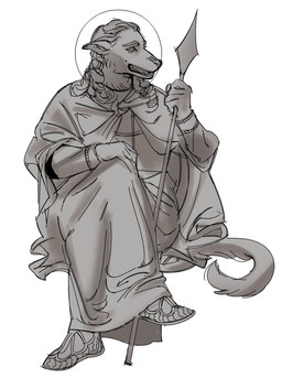 anthro bracelet cloak clothing crossed_legs fluffy fluffy_tail footwear hair halo holding_object holding_weapon jewelry long_hair long_tail looking_away male markings melee_weapon mole_(marking) pointy_ears polearm robe sandals shoes simple_background sitting smile snout solo spear tail weapon ddcrushh saint_christopher canid canine mammal digital_drawing_(artwork) digital_media_(artwork) hi_res sketch