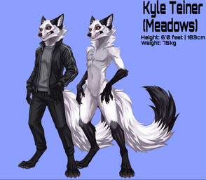 anthro clothing coat fur green_eyes kyle_meadows male nude slim solo standing topwear white_body white_fur metta_1471 mythology canid canid_demon canine demon hellhound mammal mythological_canine mythological_creature hi_res