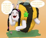 accessory antennae_(anatomy) anthro belly big_belly black_antennae black_body black_fur black_hair blue_eyes blue_wings braided_pigtails breasts buckteeth dialogue duo eyelashes eyes_closed eyeshadow featureless_feet featureless_hands feet female female_anthro fist flower flower_in_hair flying freckled_face freckles fur grass green_body green_skin hair hair_accessory hand_pawpads happy insect_wings larger_anthro larger_female laugh logo long_ears long_eyelashes long_hair makeup male midair mitten_hands motion_lines multicolored_body multicolored_fur noseless open_mouth open_smile orange_background pawpads pink_flower plant pregnant pregnant_anthro pregnant_female purple_eyeshadow purple_flower purple_hair_tie red_tongue simple_background size_difference smaller_male smile speech_bubble tan_body tan_inner_ear tan_pawpads tan_skin teeth text thin_eyebrows tongue translucent translucent_wings white_body white_fur wings yellow_body yellow_fur skywater mario_plus_rabbids_sparks_of_hope mayternity mayternity_2025 raving_rabbids rayman_(series) ubisoft bea_(mario_plus_rabbids) drizzle_(mario_plus_rabbids) arthropod bee hybrid hymenopteran insect lagomorph mammal rabbid spark_(mario_plus_rabbids) 2025 absurd_res artist_logo colored digital_drawing_(artwork) digital_media_(artwork) english_description english_text hi_res shaded