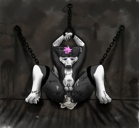 anthro balls bdsm bodily_fluids body_writing bondage bound chain chastity_cage chastity_cage_only chastity_device chastity_device_only cuff_(restraint) cum cum_dumpster cum_on_face excessive_cum excessive_genital_fluids genital_fluids genitals hair humiliation insult male metal_chastity_cage nude over_sheath_chastity_cage paws penis_drawing pink_hair precum public public_use restrained restraints sexist_slur shackles sheath_chastity_cage slave solo submissive submissive_male tally_marks text wearing_chastity_cage wearing_chastity_device western_tally_marks writing_on_butt apollohusky apollo_husky canid canine canis domestic_dog husky mammal nordic_sled_dog spitz english_text