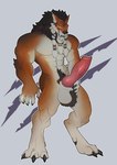 animal_genitalia animal_penis anthro ball_tuft big_feet big_penis braided_hair canine_genitalia canine_penis claws ear_piercing ear_ring feet genitals hair hand_on_own_penis hand_on_penis huge_penis knot looking_at_viewer male muscular muscular_male penis piercing ring_piercing smile solo teeth tuft blazingifrit blizzard_entertainment warcraft canid mammal werecanid werecreature worgen