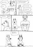 anthro dialogue female flat_chested group male simple_background text bernielover disney zootopia becca_(bernielover) fan_character officer_wolfard canid canine canis hyena mammal spotted_hyena wolf comic english_text hi_res lol_comments monochrome