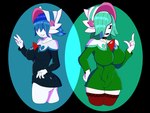 :3 big_breasts black_sclera blue_hair breasts clothing dress duo female gesture hair hair_over_eyes hand_gesture hand_on_butt hand_on_hip hat headgear headwear holowear_(pokemon) legwear mask medium_breasts pupils rear_view short_dress short_hair smile thick_thighs thigh_highs tight_clothing turquoise_hair v_sign white_pupils reapcreates831 mario_bros nintendo pokemon pokemon_unite fashionable_style_gardevoir julienne_(reapcreates831) gardevoir generation_3_pokemon pokemon_(species) shyguy 2021 hi_res