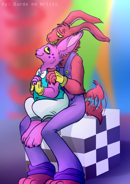 ambiguous_gender anthro canon_x_oc clothing duo fingerless_gloves fur gloves handwear on_lap pink_body pink_fur rabbit_ears red_body red_fur sitting sitting_on_lap tail tail_motion tailwag bardo_en_krisis glitch_productions the_amazing_digital_circus evil_jax_(tadc) lagomorph leporid mammal rabbit absurd_res hi_res