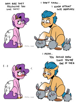 answer asking asking_another asking_why blush dialogue ellipsis female flirting group headpat male outline question text unsure_answer wings lrusukun hasbro mlp_g5 my_little_pony mythology hitch_trailblazer_(mlp) pipp_petals_(mlp) equid equine horse lagomorph leporid mammal mythological_creature mythological_equine pegasus pony rabbit absurd_res english_text hi_res