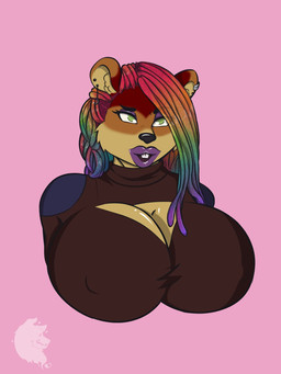 anthro big_breasts bimbofication bimbofied breasts cleavage cleavage_cutout clothed clothing cutout dreadlocks female hair highlights_(coloring) lips makeup multicolored_hair piercing rainbow_hair solo thick_lips conditional_dnp grinn3r mammal rodent sciurid 2020 3:4 hi_res
