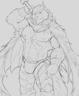 abs anthro armpit_hair body_hair bulge cape clothing looking_at_viewer male muscular muscular_anthro muscular_male pecs pubes scar simple_background solo serenaught elden_ring fromsoftware blaidd_(elden_ring) canid canine canis mammal wolf hi_res monochrome