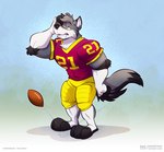 american_football_uniform anthro blue_eyes bodily_fluids confusion drooling football_gear football_jersey football_pants football_player himbo jock low_intelligence male muscular open_mouth pecs saliva scratching_head solo sportswear tail thick_tail thick_thighs pac kyash-tyur canid canine canis mammal wolf absurd_res hi_res