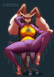 anthro big_breasts big_ears bottomwear breasts brown_body brown_fur chair clothed clothing cosplay ear_piercing female fully_clothed fur furniture hand_behind_head long_ears looking_at_viewer nipple_outline nipple_piercing nipples on_chair pants piercing purple_clothing shirt sitting sitting_on_chair small_waist solo spread_legs spreading suit topwear tahomich0 batman_(series) dc_comics game_freak joker_caught_a_pokemon nintendo pokemon the_joker generation_4_pokemon lagomorph lopunny mammal pokemon_(species) colored digital_drawing_(artwork) digital_media_(artwork) hi_res