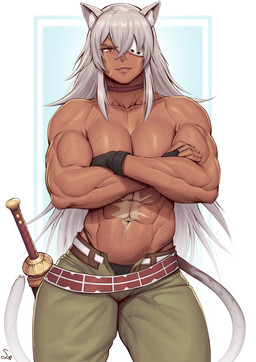 abs bangs biceps bodily_fluids bottomwear breasts clothed clothing cocked_hip crossed_arms deltoids eye_patch eyewear female forearm_muscles grey_hair hair melee_weapon muscular muscular_female navel obliques panties pants solo sweat sweaty_arms sweaty_breasts sword tan_body tan_skin thong_straps topless underwear weapon speedl00ver mushoku_tensei ghislaine_dedoldia animal_humanoid cat_humanoid felid felid_humanoid feline feline_humanoid humanoid mammal mammal_humanoid 2023 absurd_res hi_res