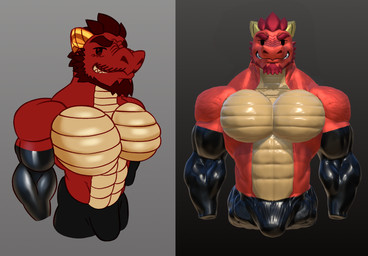 abs anthro facial_hair horn latex leather looking_at_viewer male muscular red_body sharp_teeth smile smirk solo teeth xanderart69 mythology dragon humanoid mythological_creature mythological_scalie scalie 3d_(artwork) digital_media_(artwork) hi_res