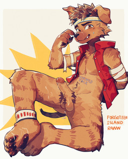 accessory adolescent anthro anus ball black_nose bodily_fluids bottomless bottomless_anthro bottomless_male brown_body brown_fur claws clothed clothing cum cum_in_ass cum_inside cum_on_face cum_on_feet feet finger_claws floppy_ears folded_ears fur genital_fluids genitals headband humanoid_genitalia humanoid_penis jacket kemono looking_at_viewer male multicolored_body multicolored_fur neck_tuft pawpads paws penis pubes raww_dog simple_background sleeveless_clothing solo tan_body tan_fur text toe_claws topwear tuft two_tone_body two_tone_fur vest young young_anthro young_male ganezu dreamworks forgotten_island canid canine canis domestic_dog mammal werecanid werecanine werecreature weredog 2026 absurd_res english_text hi_res