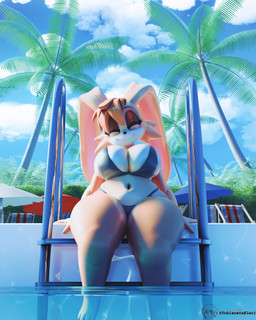 anthro big_breasts big_ears bikini black_bikini black_clothing black_nose black_swimwear breasts brown_hair caustics cheek_tuft cleavage clothed clothing cloud curvy_figure day eyebrows eyelashes eyes_closed facial_tuft female floppy_ears foot_in_water hair hair_between_eyes huge_breasts huge_hips huge_thighs long_ears long_eyelashes lop_ears navel outside palm_tree parasol plant pool_ladder poolside sitting smile solo swimwear tan_body text thick_thighs tree tuft two-piece_swimsuit voluptuous white_chest wide_hips doblezetaeleri_(artist) chunkerbuns_(modeler) sega sonic_the_hedgehog_(series) vanilla_the_rabbit lagomorph leporid mammal rabbit 2025 3d_(artwork) absurd_res digital_media_(artwork) english_text hi_res