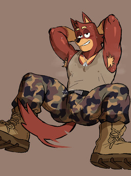 anthro armpit_hair army_uniform bedroom_eyes belt blush blush_lines bodily_fluids body_hair boots bottomwear bulge camo clothing dog_tags erection erection_under_clothing facial_hair footwear fur hands_behind_head looking_at_viewer male muscular muscular_anthro muscular_male musk musky_armpit narrowed_eyes nipple_outline pants red_body red_fur seductive shirt shoes smile smiling_at_viewer smirk smirking_at_viewer solo sweat tail tail_motion tank_top topwear sagingbarko bluey_(series) rusty's_dad_(bluey) australian_kelpie canid canine canis domestic_dog herding_dog mammal pastoral_dog sheepdog