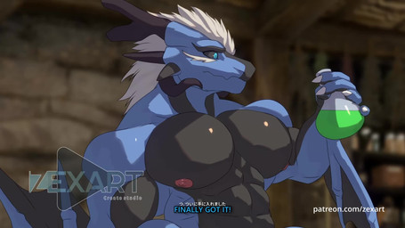 animal_dildo animal_sex_toy anthro bodily_fluids dildo equine_dildo genital_fluids genital_growth genitals growth hyper hyper_genitalia male muscular muscular_anthro muscular_male penis_growth potion precum riding riding_dildo sex_toy solo sound_warning zex craftmithane_(va) mythology daha_(zex) dragon mythological_creature mythological_scalie scalie animated hi_res huge_filesize long_playtime sound voice_acted webm