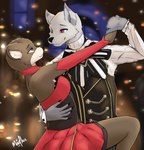 absurd_res ambiguous_gender anthro armwear black_claws blue_eyes brown_body brown_fur canid canine claws clothed clothing curio_tentet_(darkdragon2344) dancing dress duo eye_contact fox fur grey_body grey_fur hand_holding hi_res looking_at_another mammal moofles123 motion_blur multicolored_body multicolored_fur mustelid musteline purple_eyes pyrice red_clothing romantic romantic_couple smile suit true_musteline two_tone_body two_tone_fur weasel