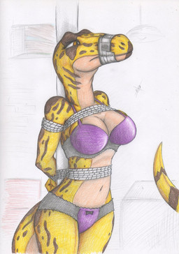 anthro arms_tied athletic athletic_anthro athletic_female bdsm big_breasts bondage bound bra breasts brown_spots clothing eyelashes female gag gagged hands_behind_back hands_tied inside logo markings mouth_closed muffled navel panties pole restrained restraints rope rope_bondage rope_harness scales solo spots spotted_body spotted_markings spotted_scales spotted_tail standing submissive submissive_anthro submissive_female tail tail_markings tape tape_gag tied_to_pole underwear yellow_body yellow_eyes yellow_scales yellow_tail spiritalpha dinosaur prehistoric_species reptile scalie artist_logo colored_pencil_(artwork) graphite_(artwork) hi_res traditional_media_(artwork)