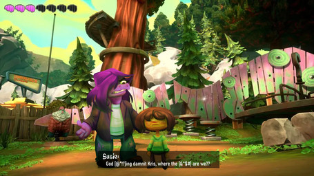 4_fingers anthro brown_hair caption clothed clothing dialogue duo female fingers hair humor male outside parody plant purple_body purple_hair screencap screencap_background size_difference sky style_emulation text tree rezllen deltarune double_fine_productions kris_where_are_we psychonauts undertale_(series) kris_dreemurr susie_(deltarune) dinosaur human mammal prehistoric_species reptile scalie english_text hi_res meme