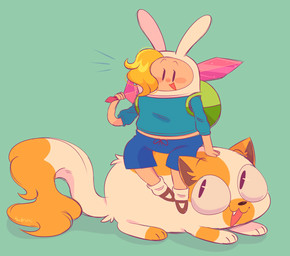 backpack blonde_hair blush clothing crystal_sword_(adventure_time) duo female feral fur green_background hair melee_weapon open_mouth open_smile orange_body orange_fur simple_background smile sword weapon white_body white_fur sidruni adventure_time cartoon_network cake_the_cat fionna_the_human domestic_cat felid feline felis human mammal 2021 hi_res sibling_(lore) sister_(lore) sisters_(lore)