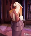 anthro big_breasts big_butt breasts butt clothing cropped_jacket female floppy_ears gloves handwear library lop_ears scut_tail short_tail solo tail thick_thighs tight_clothing hiverdose last_fables eni_siverets_(last_fables) hare lagomorph leporid mammal hi_res