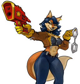 anthro belt blue_hair bottomwear breasts brown_eyes clothing collar cuff_(restraint) dipstick_ears ear_markings ear_piercing ear_ring eyebrows female gloves gun hair handcuffs handwear jacket markings metal_cuffs midriff mole_under_eye multicolored_ears navel orange_body pants piercing ranged_weapon restraints ring_piercing smile solo tan_body topwear weapon sumamiarts sly_cooper_(series) sony_corporation sony_interactive_entertainment sucker_punch_productions carmelita_fox canid canine fox mammal 2026