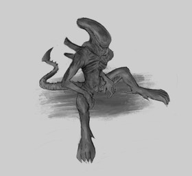 claws ejaculation eyeless hands-free male simple_background sitting smile pokelov alien_(franchise) alien alien_humanoid humanoid xenomorph absurd_res hi_res monochrome