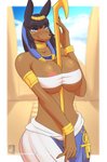 5_fingers anthro areola between_breasts big_breasts black_hair blue_eyes breasts clothed clothing colored_nails egyptian eyelashes female fingers hair huge_breasts looking_at_viewer nails object_between_breasts open_mouth solo staff text vixie00 egyptian_mythology middle_eastern_mythology mythology zenonzard anbs-02 anubis canid canine canis deity jackal mammal 2020 digital_media_(artwork) hi_res url