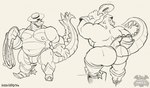 anthro belly boots butt clothing cowboy_hat footwear hat headgear headwear lasso male musclegut muscular navel nipples overweight overweight_male pecs shoes solo thong underwear avengedog kings_of_hell agares_(kings_of_hell) crocodile crocodilian reptile scalie hi_res sketch