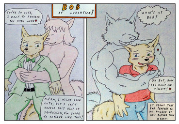 accessory anthro barazoku biceps big_muscles black_nose blue_bottomwear blue_clothing blue_eyes blue_pants blush border bottomwear bow_tie bulge clothed clothing comic_panel dialogue female fluffy fluffy_tail fur green_bottomwear green_bow_tie green_clothing green_eyes green_pants green_suit green_topwear heart_symbol heterochromia hug hugging_another hugging_from_behind lifting male manly muscular muscular_anthro muscular_male necktie pants pecs red_clothing red_shirt red_topwear shirt short_male simple_background speech_bubble suit tail tan_body tan_fur text topwear white_border dashthefox anon canid canine canis fennec_fox fox mammal true_fox absurd_res colored_pencil_(artwork) comic english_text hi_res traditional_media_(artwork)