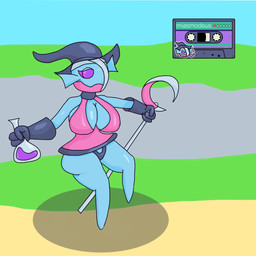 anthro blue_body breasts cassette_tape clothed clothing female magic_user panties potion potion_bottle solo staff text underwear witch chaoskres cassette_beasts miasmodeus 1:1 hi_res
