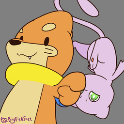 ambiguous_gender cute_fangs duo fangs feral flying gesture green_eyes hand_gesture jojo_pose looking_at_viewer male orange_body pointing pointing_at_viewer purple_body simple_eyes teeth upside_down bigfishfost nintendo pokemon abuihiroshi_(ntsp) buizel generation_1_pokemon generation_4_pokemon legendary_pokemon mew_(pokemon) pokemon_(species) 1:1 hi_res
