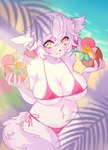 5_fingers accessory anthro areola big_breasts bikini black_nose blush breasts chest_tuft cleavage clothed clothing coconut drupe_(fruit) eyelashes female female_anthro fingers fluffy fluffy_tail food fruit fur hair hair_accessory holding_object huge_breasts kemono looking_at_viewer navel plant skimpy solo swimwear tail tight_clothing tuft two-piece_swimsuit white_body white_fur white_hair yellow_eyes momomofura domestic_cat felid feline felis mammal 2021 digital_media_(artwork) hi_res portrait three-quarter_portrait