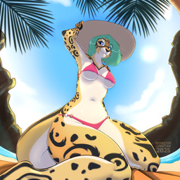 anthro beach bikini bikini_bottom bikini_top biped black_spots blue_eyes breasts clothing countershade_fur countershade_torso countershading day eyewear female fingers front_view fur glasses green_hair hair hat headgear headwear kneeling looking_at_viewer looking_down looking_down_at_viewer low-angle_view markings navel outside plant sand sea sky smile solo spots spotted_body spotted_fur swimwear tail tree two-piece_swimsuit water yellow_body yellow_fur yellow_tail monstercheetah cheetah felid feline mammal 1:1 2025 digital_drawing_(artwork) digital_media_(artwork) hi_res