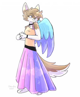 anthro bottomwear clothing collar collar_tag feathered_wings feathers female inner_ear_fluff shirt skirt smile solo tail topwear tuft wings snowkori canid canine canis mammal wolf hi_res