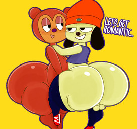 anthro balls beanie big_butt black_eyes blush bottomless brown_body butt clothed clothing duo footwear genitals half-closed_eyes hat headgear headwear huge_butt legwear male male/male narrowed_eyes nude open_mouth shirt shoes tan_body text thick_thighs thigh_highs topwear wide_hips furu_flami parappa_the_rapper sony_corporation sony_interactive_entertainment parappa pj_berri bear canid canine canis domestic_dog mammal english_text