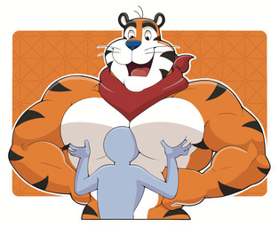 ambiguous_gender anthro athletic athletic_male big_muscles big_pecs black_stripes duo face_on_chest fur hand_on_chest hands_on_hips kerchief kerchief_only looking_down male male/ambiguous mascot muscular muscular_arms muscular_male open_mouth orange_body orange_fur pecs simple_background size_difference smile stripes whiskers white_body white_fur giantboonehusky frosted_flakes kellogg's tony_the_tiger ych_(character) felid humanoid mammal pantherine tiger hi_res