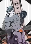 abs anthro bodily_fluids bulge clothing dumbbell dutch_angle exercise hair inside jockstrap male muscular muscular_anthro muscular_male pecs solo standing sweat tattoo underwear weightlifting weights workout arebeano brandon_(rxccoon) mammal procyonid raccoon 2020 absurd_res hi_res