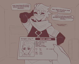 black_clothing claws clothed clothing driver's_license duo hair looking_at_viewer scarf solo_focus text conditional_dnp welwraith scraper_city epoch_(welwraith) human mammal 2026 digital_drawing_(artwork) digital_media_(artwork) english_text hi_res female_(lore)